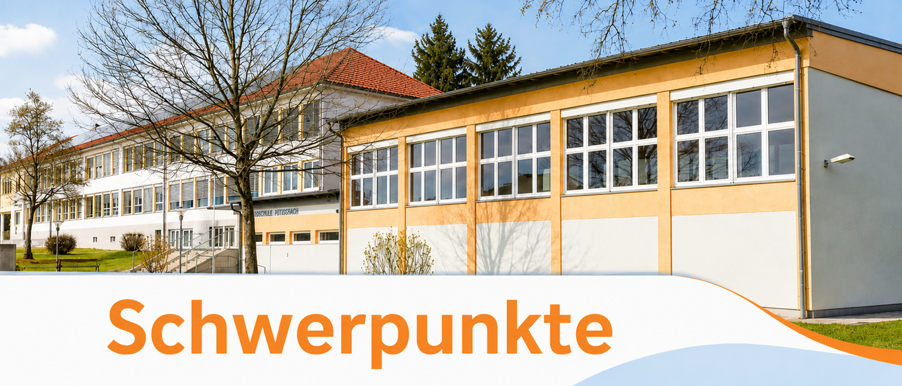 Ein modernes Gebäude mit orangefarbenen Wänden und Glasfenstern, vor dem ein kahler Baum steht. Der Himmel ist klar und blau.