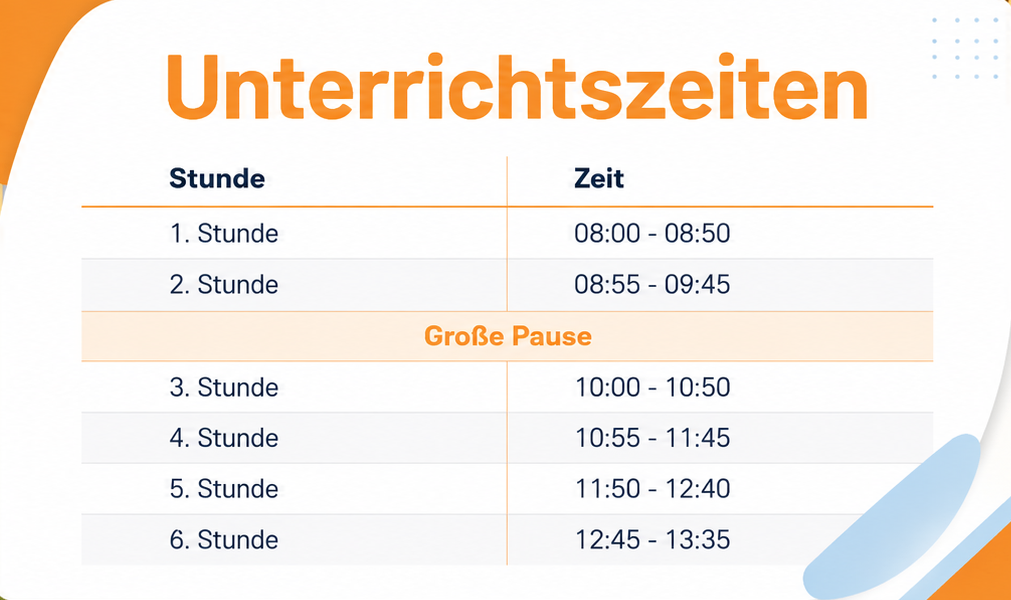 Eine Tabelle mit Unterrichtszeiten und einer großen Pause dazwischen. Die erste Stunde ist von 08:00 bis 08:50, gefolgt von einer großen Pause. Der Unterricht geht von 10:00 bis 13:35 weiter.