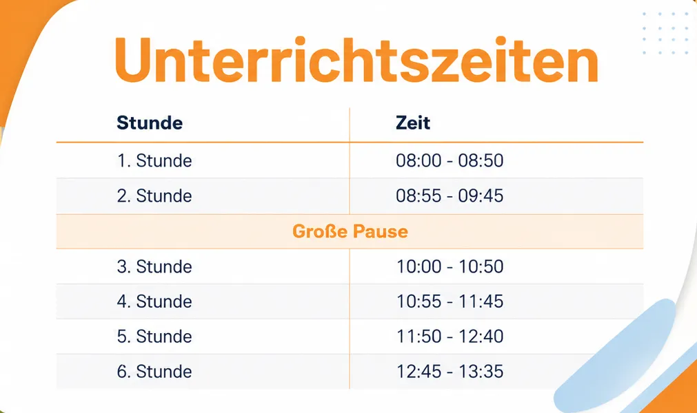 Eine Tabelle mit Unterrichtszeiten und einer großen Pause dazwischen. Die erste Stunde ist von 08:00 bis 08:50, gefolgt von einer großen Pause. Der Unterricht geht von 10:00 bis 13:35 weiter.