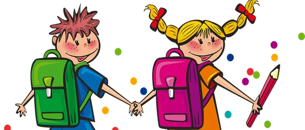 Zwei Kinder, die Händchen halten, ein Junge und ein Mädchen, beide lächeln und tragen Rucksäcke. Sie scheinen auf spielerische Weise zu gehen.