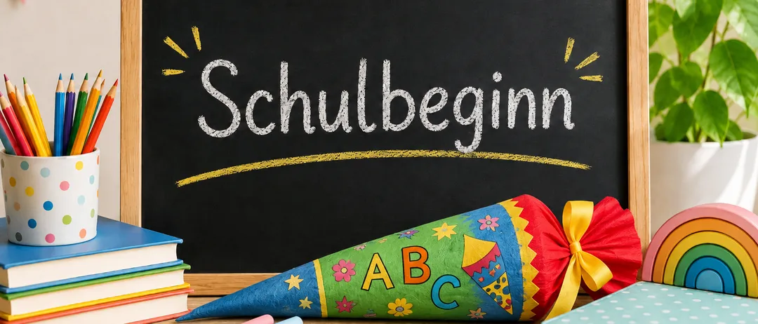 Ein Schultafel mit dem Wort 'Schulbeginn' in weißer Kreide geschrieben, begleitet von einem bunten Kegel, Büchern und Kreidestücken auf einem Holztisch.