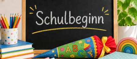 Ein Schultafel mit dem Wort 'Schulbeginn' in weißer Kreide geschrieben, begleitet von einem bunten Kegel, Büchern und Kreidestücken auf einem Holztisch.