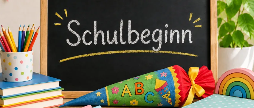 Ein Schultafel mit dem Wort 'Schulbeginn' in weißer Kreide geschrieben, begleitet von einem bunten Kegel, Büchern und Kreidestücken auf einem Holztisch.
