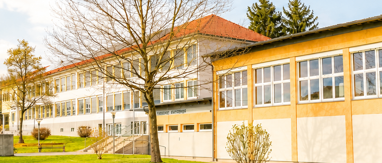 Ein modernes Schulgebäude mit rotem Dach und gelben Akzenten, umgeben von einem grünen Rasen und Bäumen. Das Gebäude hat viele Fenster und eine Treppe, die zum Eingang führt.