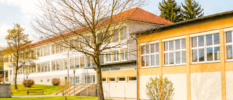 Ein modernes Schulgebäude mit rotem Dach und gelben Akzenten, umgeben von Bäumen und Gras. Das Gebäude hat viele Fenster und eine Treppe, die zum Eingang führt.