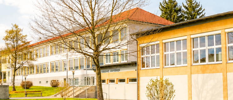 Ein modernes Schulgebäude mit rotem Dach und gelben Akzenten, umgeben von Bäumen und Gras, unter einem klaren blauen Himmel.