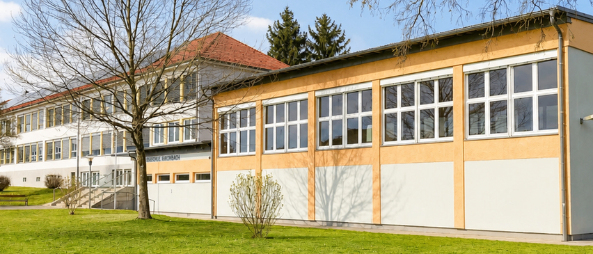 Ein modernes Gebäude mit großen Fenstern und einem roten Dach, umgeben von einem gepflegten Rasen und Bäumen.
