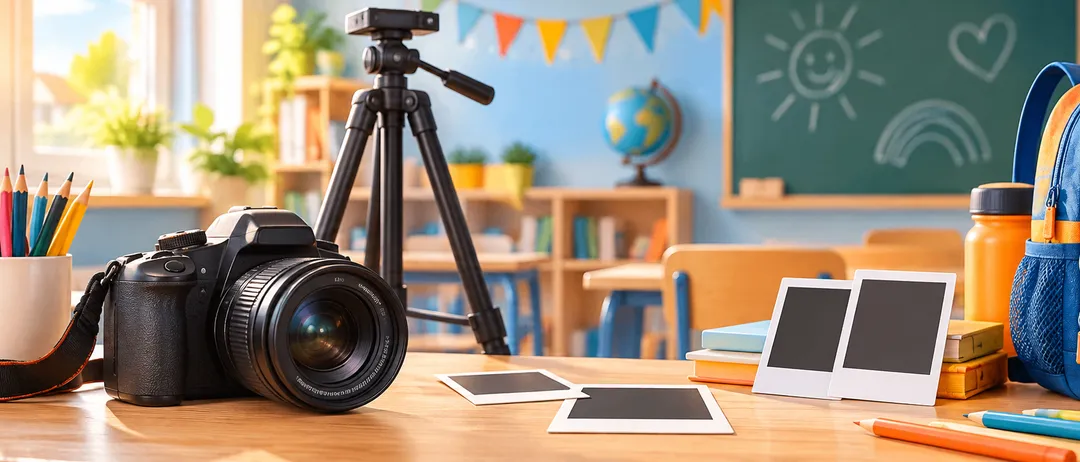 Eine Kamera auf einem Stativ mit Fotoabzügeen auf einem Schreibtisch, einer Erdkugel und einem Klassenzimmerhintergrund.