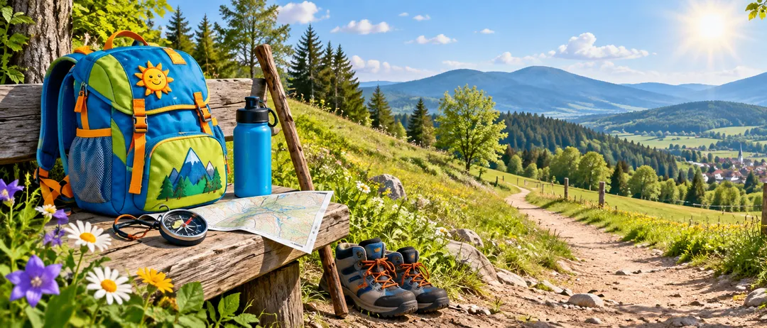 Ein Paar Wanderschuhe liegt auf einer Holzbank, mit einem malerischen Bergpfad und üppiger Grünfläche im Hintergrund.