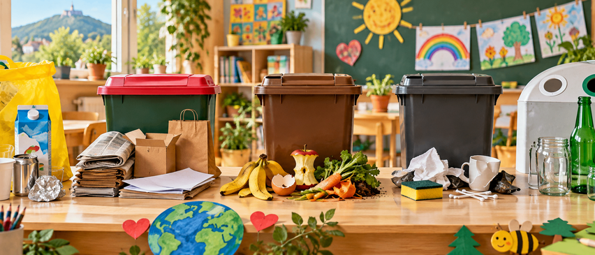 Ein Klassenzimmer mit verschiedenen Abfallbehältern und Kompostmaterialien auf einem Tisch, einschließlich eines Globus und eines Herzens.