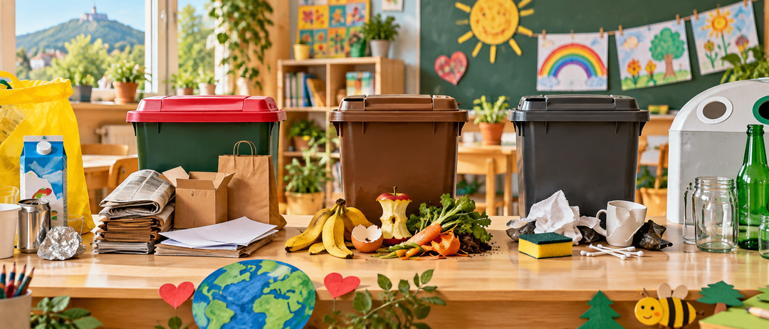 Ein Klassenzimmer mit verschiedenen Abfallbehältern und Kompostmaterialien auf einem Tisch, einschließlich eines Globus und eines Herzens.