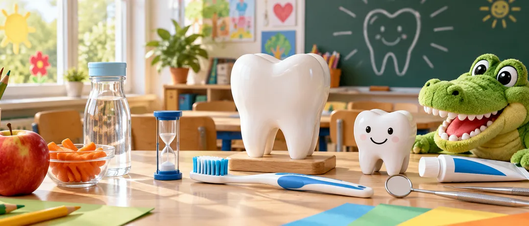 Ein Klassenzimmer mit einem großen Keramikzahn, einer Zahnbürste und einem Sanduhr auf einem Holztisch. Dahinter eine Tafel mit einer Zeichnung eines Ohrs und eines Herzens.
