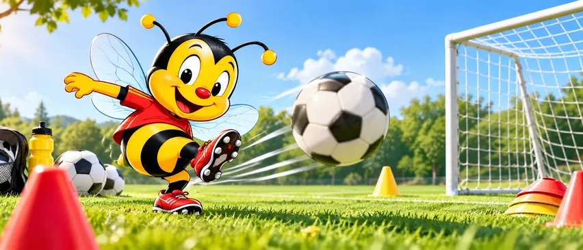 Eine fröhliche Cartoon-Biene tritt einen Fußball an einem sonnigen Tag. Der Ball ist in der Luft, und die Biene trägt rote Turnschuhe.