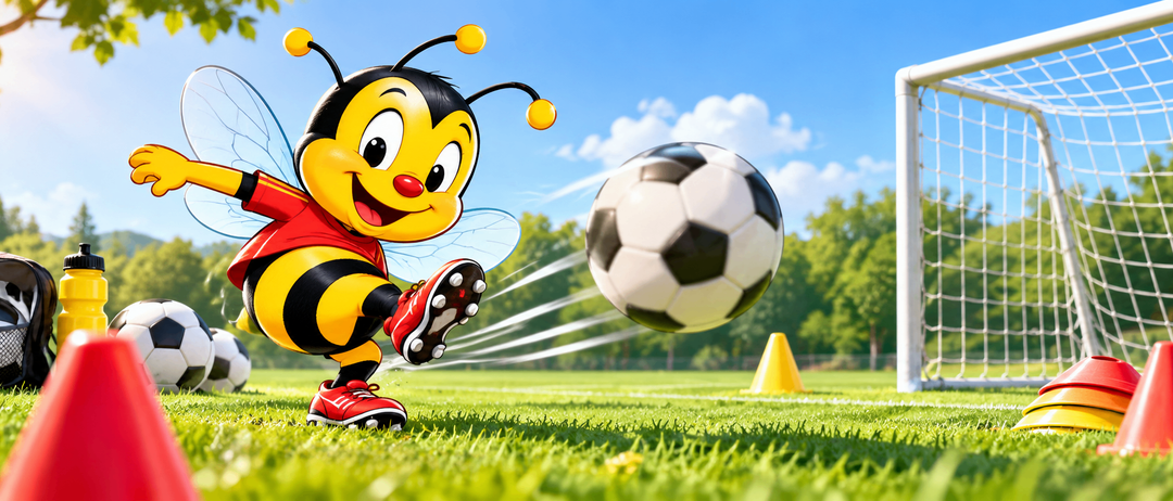 Eine fröhliche Cartoon-Biene tritt einen Fußball an einem sonnigen Tag. Der Ball ist in der Luft, und die Biene trägt rote Turnschuhe.