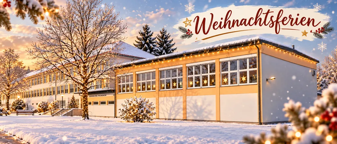 Ein Gebäude mit Weihnachtsdekorationen und Lichtern, einschließlich eines Baumes und Büschen, alles in Schnee bedeckt.