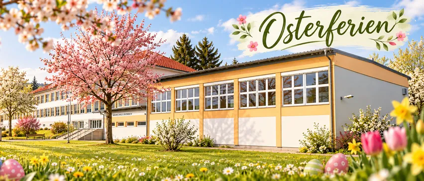 Ein Schulgebäude mit rotem Dach und gelben Wänden, umgeben von einem üppigen grünen Rasen und blühenden Kirschblüten. Der Himmel ist blau mit einigen Wolken.