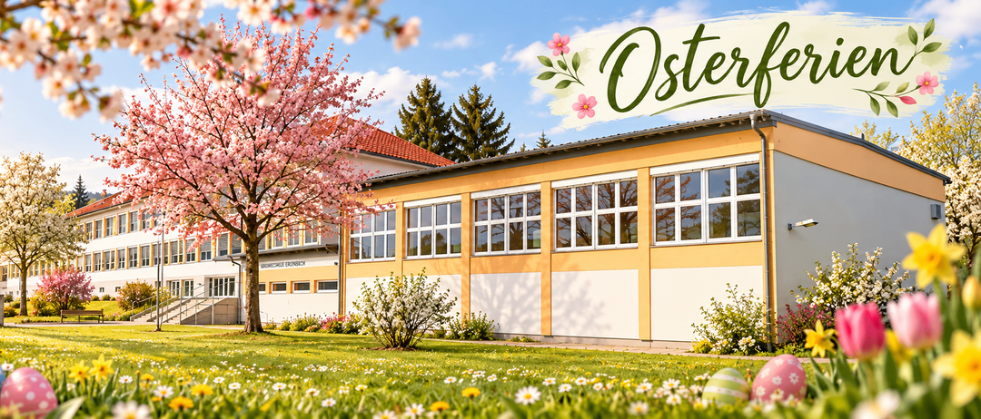 Ein Schulgebäude mit rotem Dach und gelben Wänden, umgeben von einem üppigen grünen Rasen und blühenden Kirschblüten. Der Himmel ist blau mit einigen Wolken.