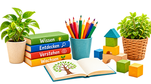 Ein Stapel bunter Bücher mit deutschen Wörtern darauf, ein Becher mit farbigen Stiften und ein Holzhaus. Ein offenes Buch mit einem Baum ist ebenfalls sichtbar.