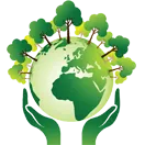 Illustration von Händen, die eine grüne Erde halten, auf der Bäume wachsen und die Umweltschutz symbolisieren.