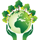 Illustration von Händen, die eine grüne Erde halten, auf der Bäume wachsen und die Umweltschutz symbolisieren.