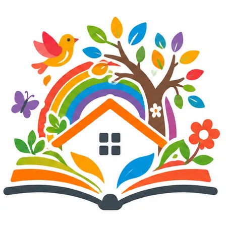 Ein offenes Buch mit einem Haus auf seinen Seiten, umgeben von einem Regenbogen, Blättern, Blumen, einem Schmetterling und einem Vogel.