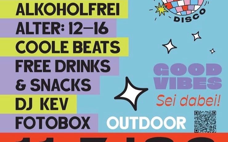 Kostenlose Disco für Alter 12-16. Coole Beats, kostenlose Getränke und Snacks. DJ Kev. Outdoor. 11.7.2026, Parkanlage Gralla. Scan für Details.