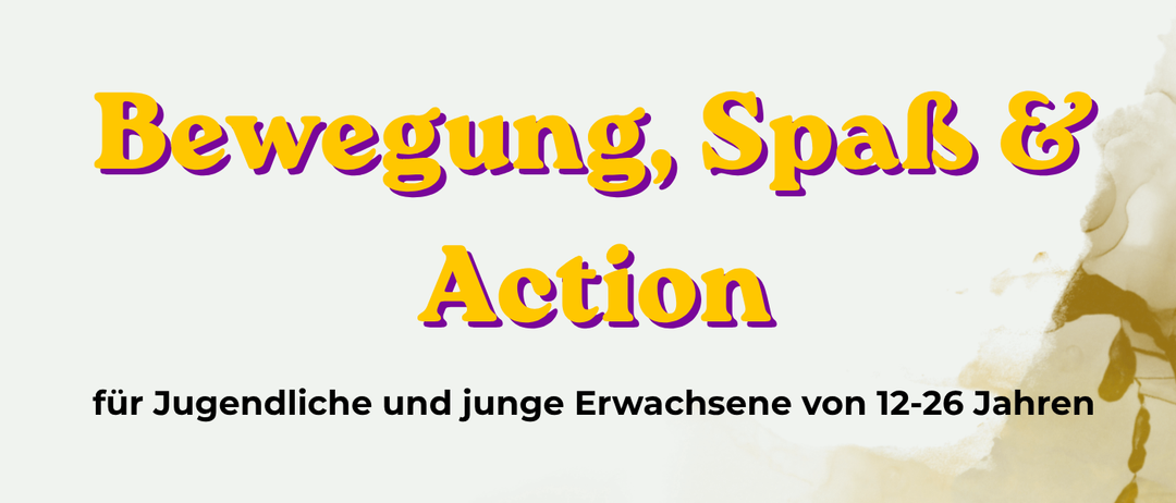 Plakat für eine Veranstaltung für junge Menschen im Alter von 12-26 Jahren, mit dem Titel 'Action', geplant für den 8. September 2026, von 16:00 Uhr bis 19:00 Uhr. Die Veranstaltung findet auf dem Platz neben dem ESV Grella, Eisplatzweg, statt. Es verspricht einen Nachmittag voller Spaß, verschiedener Stationen und zahlreicher Möglichkeiten zum Mitmachen. Erwarten Sie einen kleinen Parcours, Hobby-Horse-Reiten und Wasserspiele - perfekt für eine Abkühlung an einem warmen Sommertag. Komm vorbei, probiere dich aus und mach mit, worauf du Lust hast!