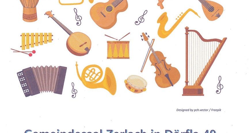 Plakat für eine Gemeinschaftsveranstaltung am 21. März 2026 um 18 Uhr, mit verschiedenen Musikinstrumenten und Musikern. Illustration von pch.vector auf Freepik.