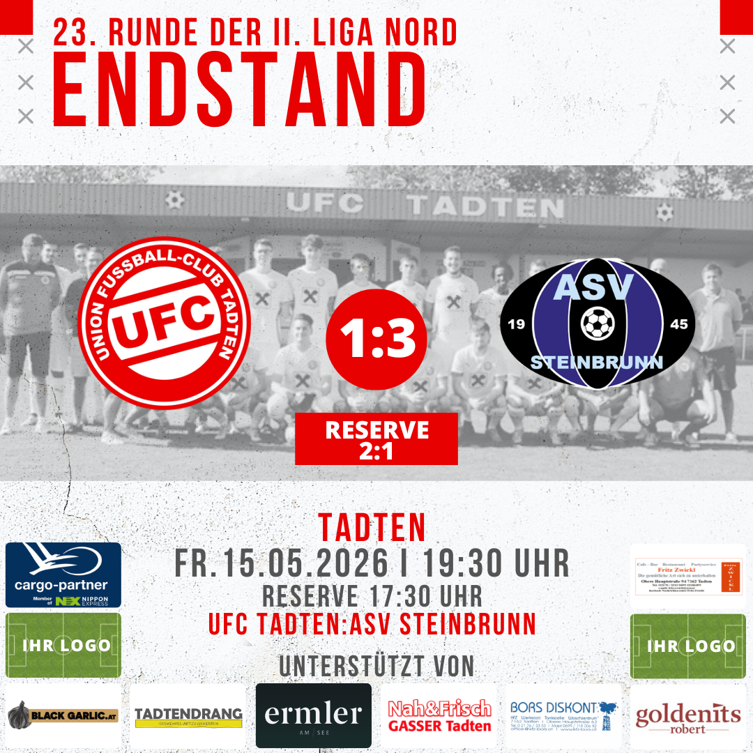 Plakat für die 23. Runde der II. Liga Nord Endstand. UFC Tatten gegen ASV Steinbrunn. Ergebnisse: 1-3. Reserve: 2-1. Datum: Fr. 15. Mai 2006. Zeit: 19:30. Unterstützt von Sponsoren.
