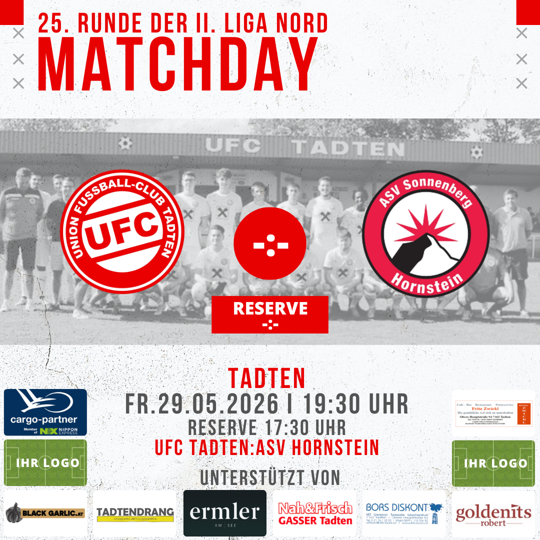Ein Bild einer Fußballspiel-Ankündigung. Zwei Teams, UFC Tatten und ASV Sonnenberg, spielen. Datum: Freitag, 29. Mai 2026, Zeit: 19:30. Ort: Tatten. Reservespiel um 17:30.