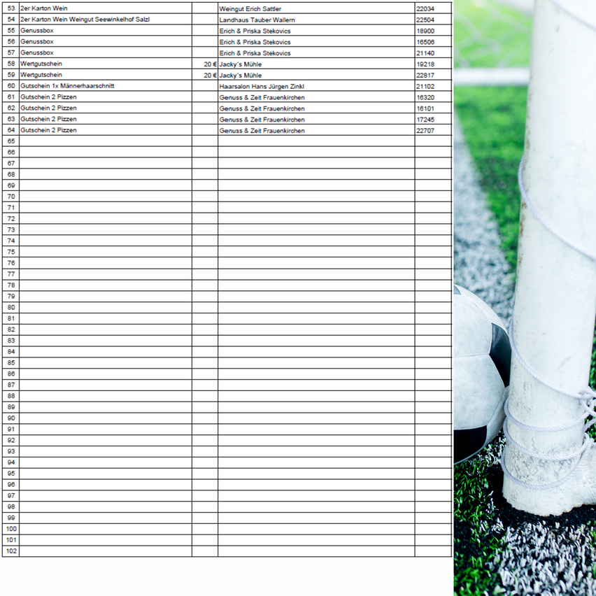 Ein Fußballfeld mit einem Fußball und einem weißen Pfosten im Vordergrund. Im Hintergrund befindet sich eine Tabelle mit Namen und Zahlen.