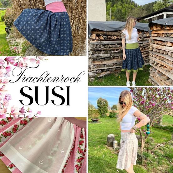 Eine Collage von Bildern, die eine Frau in verschiedenen Outfits zeigt, eines im Garten und ein anderes im Hinterhof. Jedes Bild hat Blumenmuster und Text, der 'Trachtonrock SUSI' lautet.