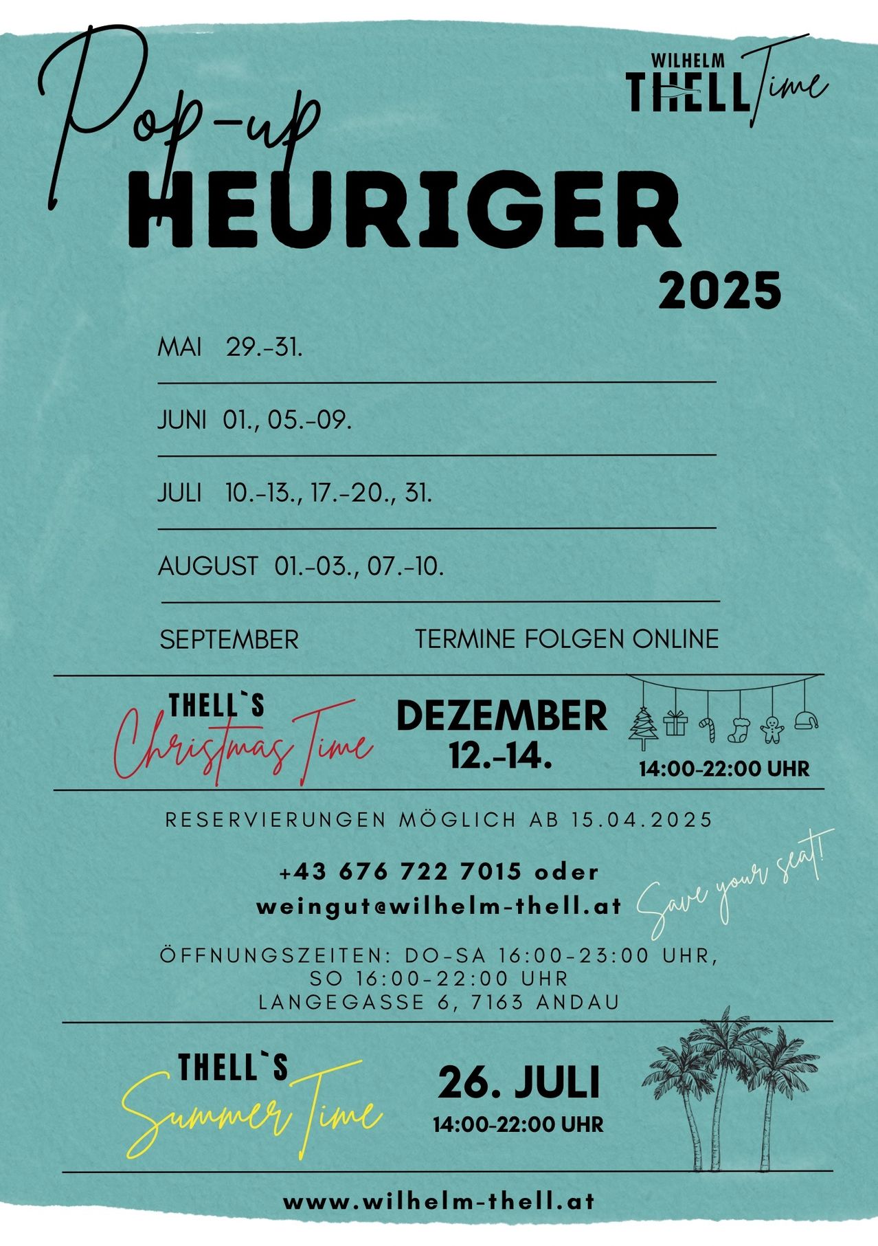 Der Zeitplan für Thell's Heuriger 2025: Mai 29-31, Juni 1-9, Juli 10-13, 17-20, 31, August 1-3, 7-10, September Termine folgen online, Dezember 12-14 von 14:00 bis 22:00. Reservierungen ab 15.04.2025 möglich. Kontakt: +43 676 722 7015 oder weingut@wilhelm-thell.at. Öffnungszeiten: Do-Sa 16:00-23:00 Uhr, So 16:00-22:00 Uhr. Adresse: Langegasse 6, 7163 Andau.