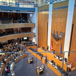 Ein Konferenzsaal mit Holzwänden und einem großen Adlerwappen. Menschen sitzen in Reihen, einige stehen, und Flaggen sind sichtbar.