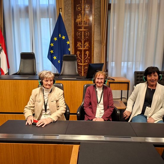 Drei Frauen mit Kopfhörern sitzen an einem Tisch in einem Konferenzraum mit einer Flagge der Europäischen Union im Hintergrund.