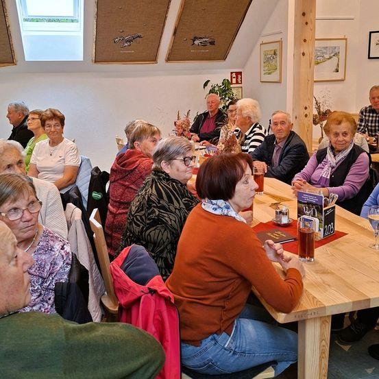 Eine Gruppe älterer Menschen sitzt um einen Tisch in einem Raum, einige unterhalten sich und andere schauen auf etwas auf dem Tisch. An der Wand hängen Bilderrahmen.