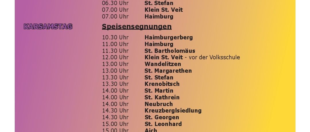 Das Bild zeigt einen Zeitplan für verschiedene Veranstaltungen und Essensservices an verschiedenen Orten, einschließlich St. Martin, Kreuzweg und anderen, an bestimmten Tagen wie Karfreitag und Ostersonntag. Der Zeitplan listet die Zeiten für Veranstaltungen und Essensservices an diesen Tagen auf.