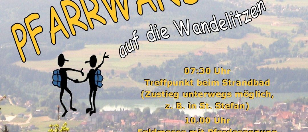 Plakat für die 'Pfingstwanderung' am 25. Mai 2026. Zeigt zwei stilisierte Wanderer, eine malerische Landschaft und Details des Veranstaltungsablaufs und Aktivitäten.