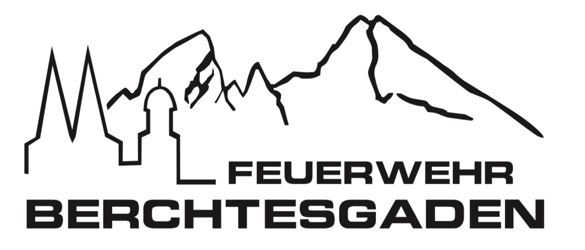 Ein Logo für die Feuerwehr mit einem Berg im Hintergrund und einem Gebäude im Vordergrund.