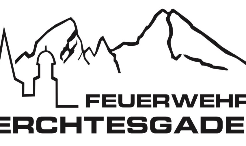 Ein Logo für die Feuerwehr mit einem Berg im Hintergrund und einem Gebäude im Vordergrund.