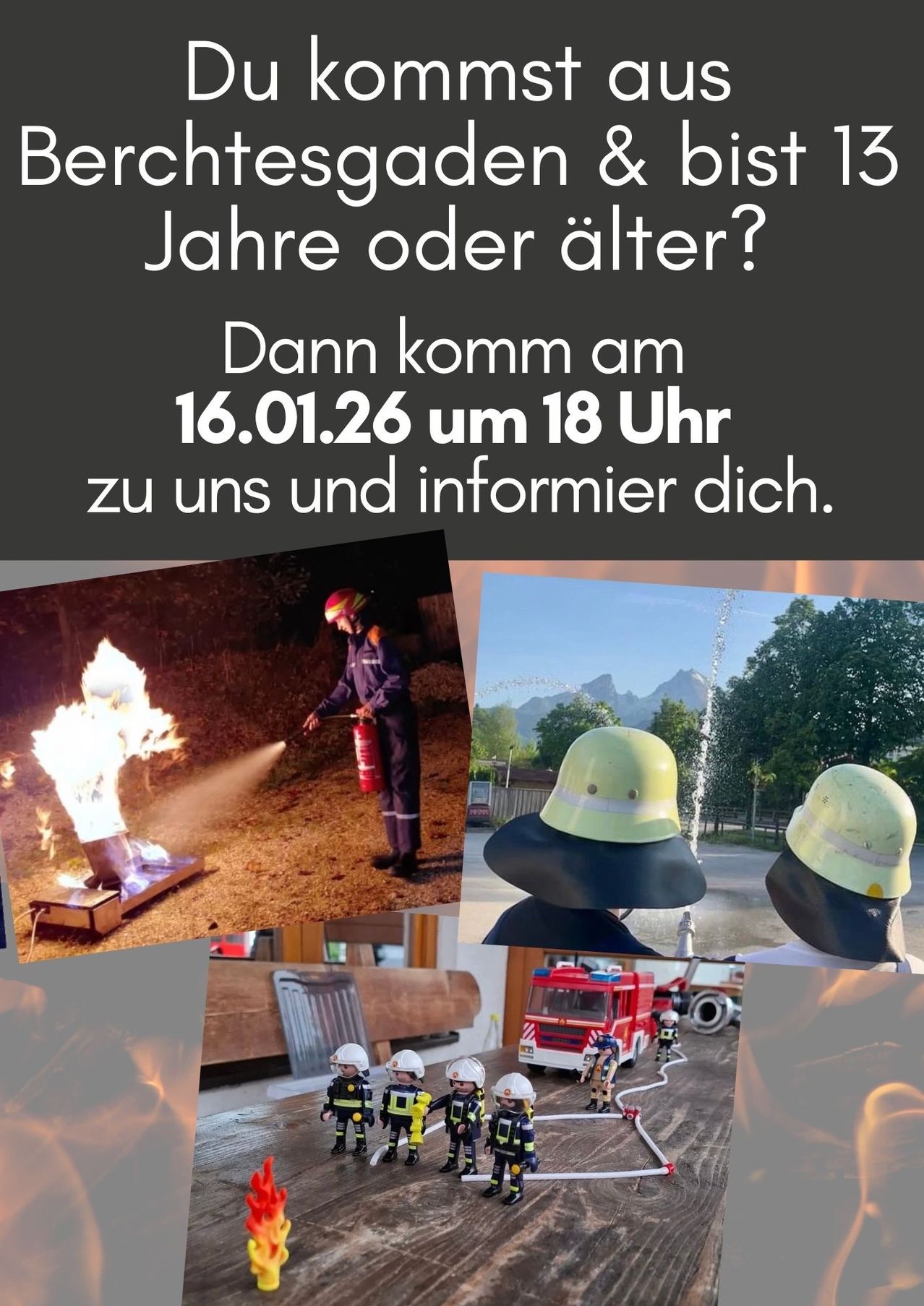 A collage of firefighting images. One image shows a fire extinguisher being used, another shows a group of children in helmets. The text reads, 'Years or older? Then come on 16.01.26 at 18 o'clock.'