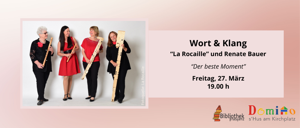 Vier Frauen in roten Kleidern posieren mit Musikinstrumenten. Die Veranstaltung 'Wort & Klang' präsentiert 'La Rocaille' und Renate Baue am Freitag, 27. März um 19:00 Uhr.