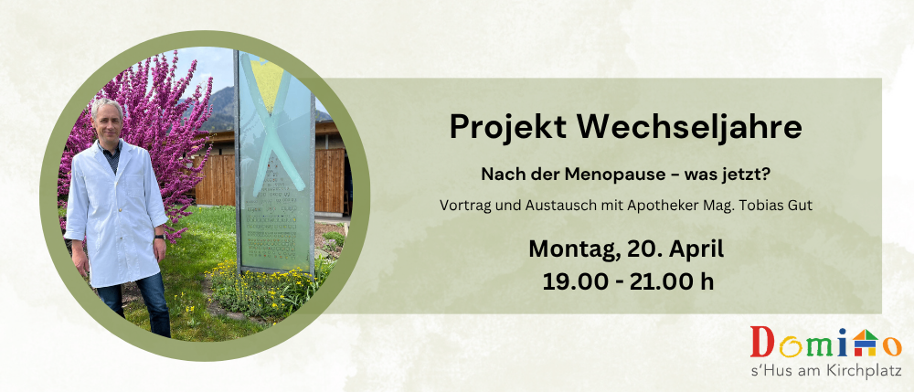 Plakat mit einem Mann und Informationen über eine Präsentation zu Wechseljahren. Datum ist 20. April, Zeit ist 19:00-21:00.