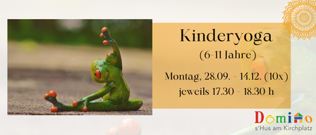 Ein Poster für Kinderyoga mit einem grünen Frosch in einer Yoga-Pose, mit Text auf Deutsch. Das Poster bewirbt Yoga-Sitzungen für Kinder im Alter von 6-11 Jahren, die montags vom 28. September bis 14. Dezember stattfinden.