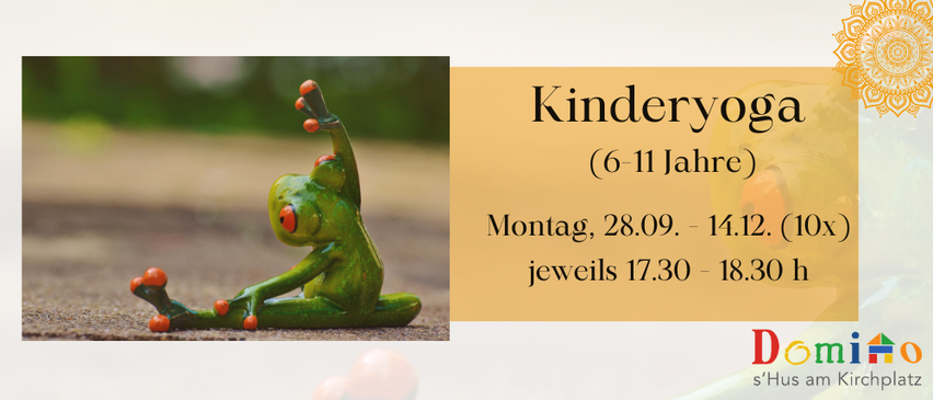 Ein Poster für Kinderyoga mit einem grünen Frosch in einer Yoga-Pose, mit Text auf Deutsch. Das Poster bewirbt Yoga-Sitzungen für Kinder im Alter von 6-11 Jahren, die montags vom 28. September bis 14. Dezember stattfinden.