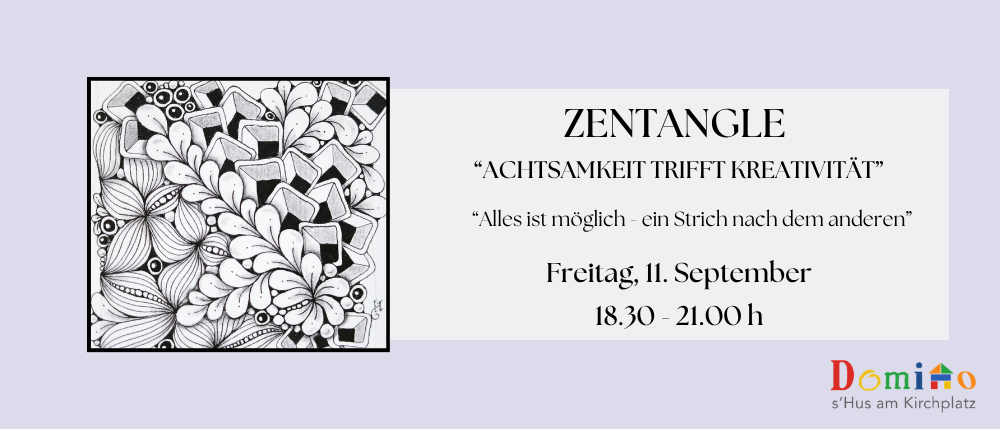 Ein Plakat für eine Zentangle-Veranstaltung am 11. September mit komplizierten schwarzen und weißen Zeichnungen und Veranstaltungsdetails.