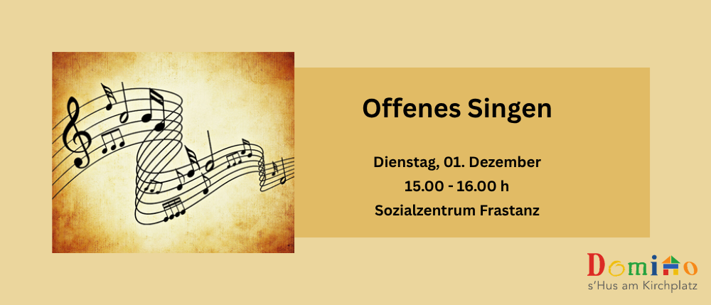 Ein Veranstaltungsposter für 'Offenes Singen' am 1. Dezember von 15:00 bis 16:00 Uhr im Sozialzentrum Frastanz. Musiknoten auf gelbem Hintergrund.