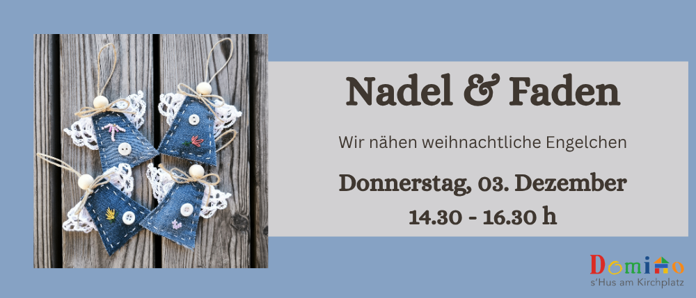 Eine Werbung für einen Nähworkshop für Weihnachtsengel. Drei Jeansengel hängen auf einem hölzernen Hintergrund. Der Text lautet 'Nadel & Faden' und 'Wir nahen weihnachtliche Engelchen'. Datum und Uhrzeit sind ebenfalls angegeben.