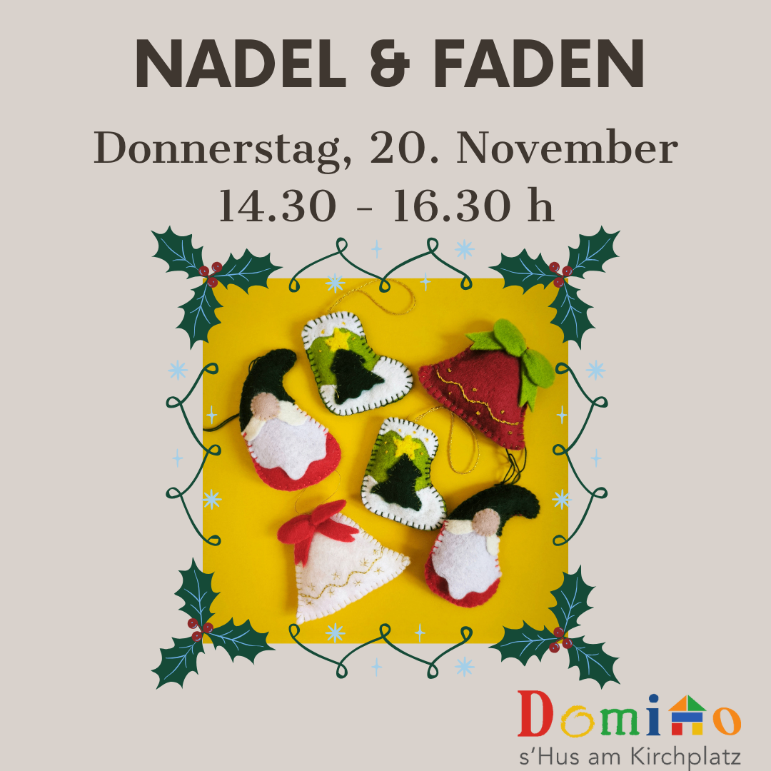 Poster for Nadel & Faden event on November 20, 14:30-16:30, featuring festive decorations and craft items on a yellow background.