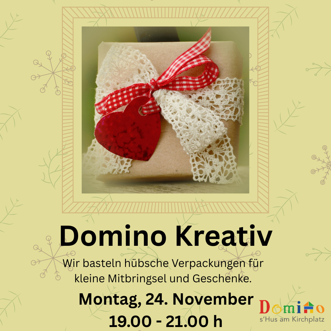 Poster for a crafting event featuring a gift wrapped in a red ribbon and lace with a heart. The event is hosted by Domino Kreativ, offering to create beautiful packaging for small items and gifts. The event is scheduled for Monday, November 24th, from 19:00 to 21:00.